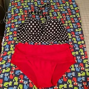 High waisted halter top bikini red black white